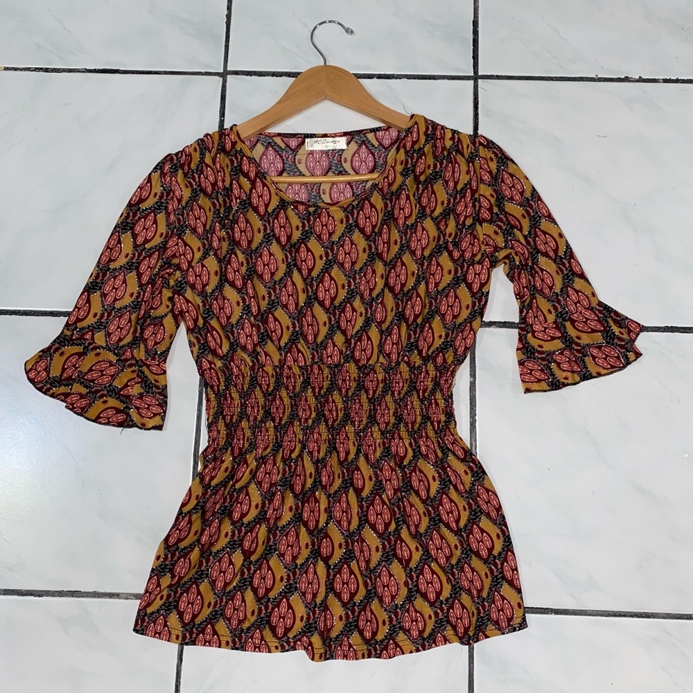 ACE Fashion; Leaf Silver Glitter Wine Red and Mustard 3/4 Sleeve Top